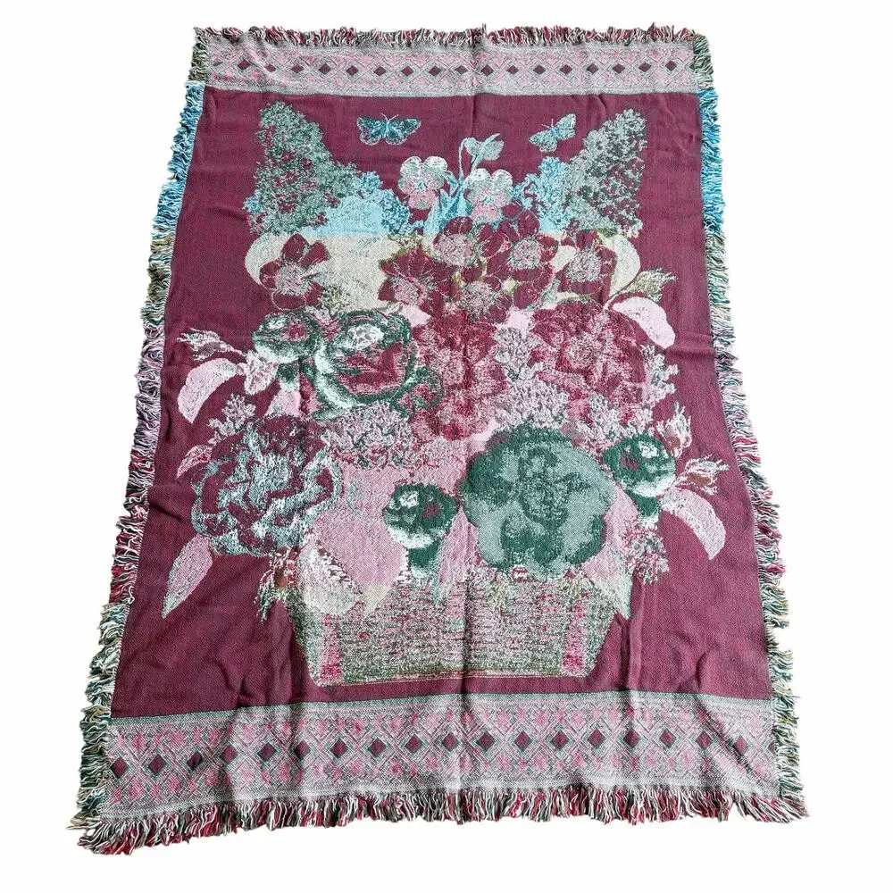 Vintage Shabby Chic Spring Flower Bouquet Woven Tapestry Fringed Throw Blanket